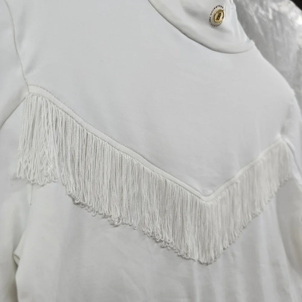 Bogner Women XS Quarter Zip Pullover White Fringe Long Sleeve Logo Top - Picture 9 of 10